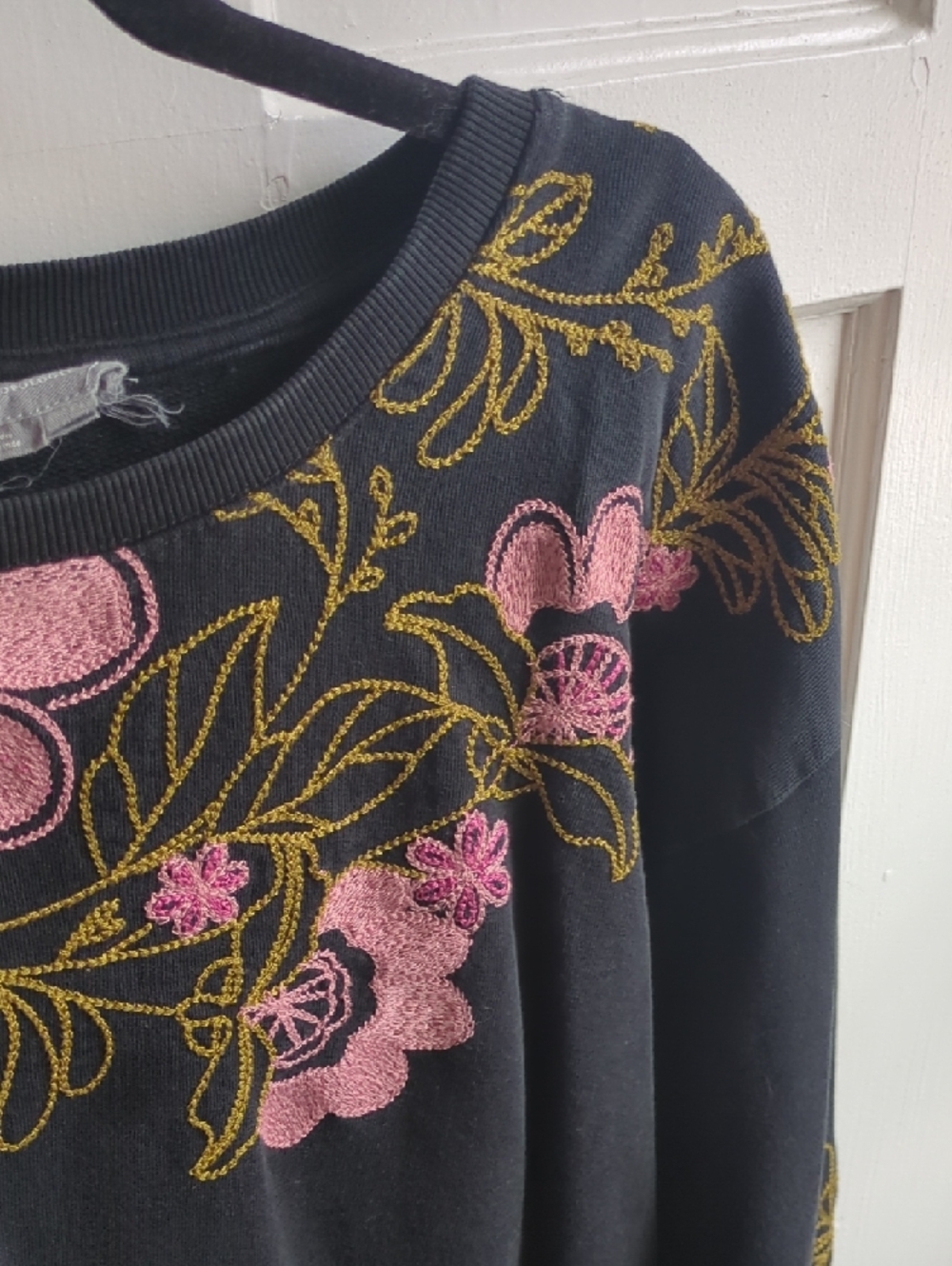 Anthropologie Black Pullover Sweatshirt with Pink & Gold Floral Embroidery - Picture 5 of 7